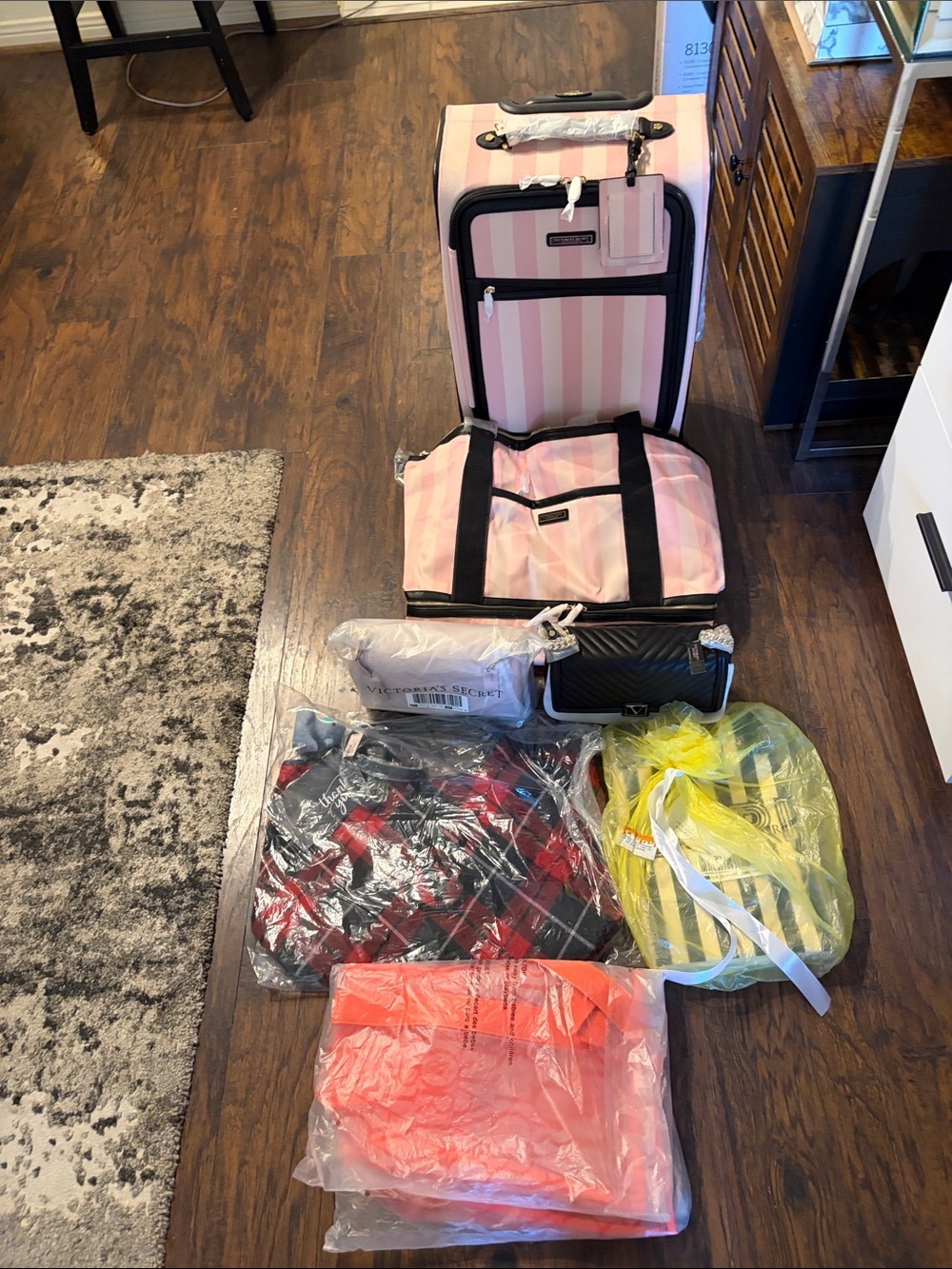 Victoria's Secret Pink and Black Striped Luggage Set with Matching Tote